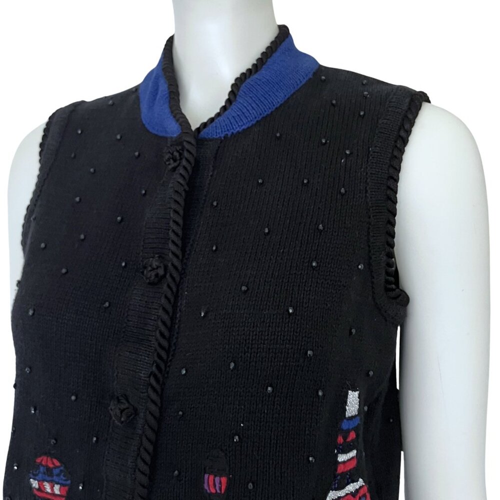 Vintage 90s Black Beaded Sweater Vest Christmas. Small. Cottagecore Embroidered - Picture 7 of 11